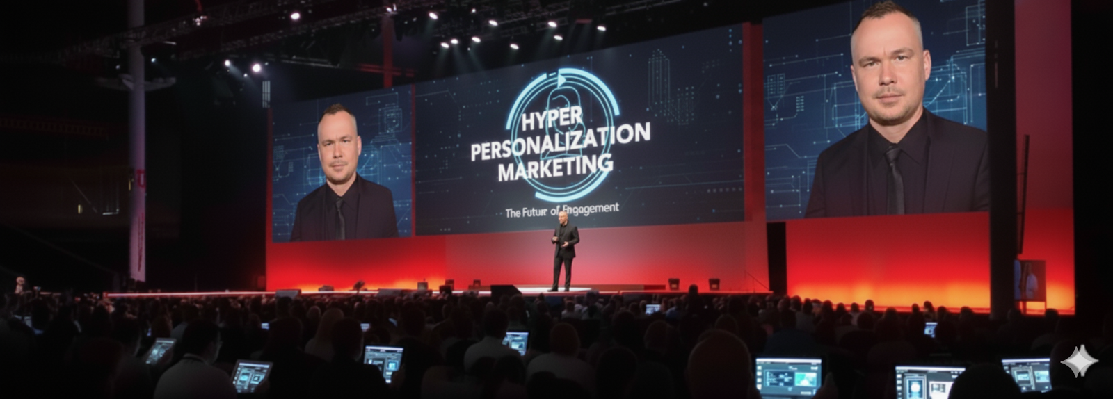 Speaker on stage at a tech conference discussing Hyper-Immersive Marketing